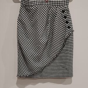 Elegant Black & White Houndstooth Fringe Faux Wrap Skirt, Career Piece, Vintage